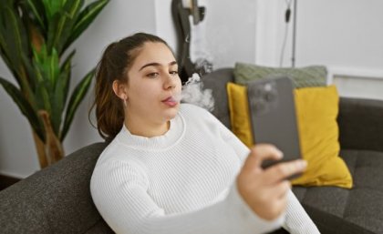 A woman smoking while posing for a phone selfie